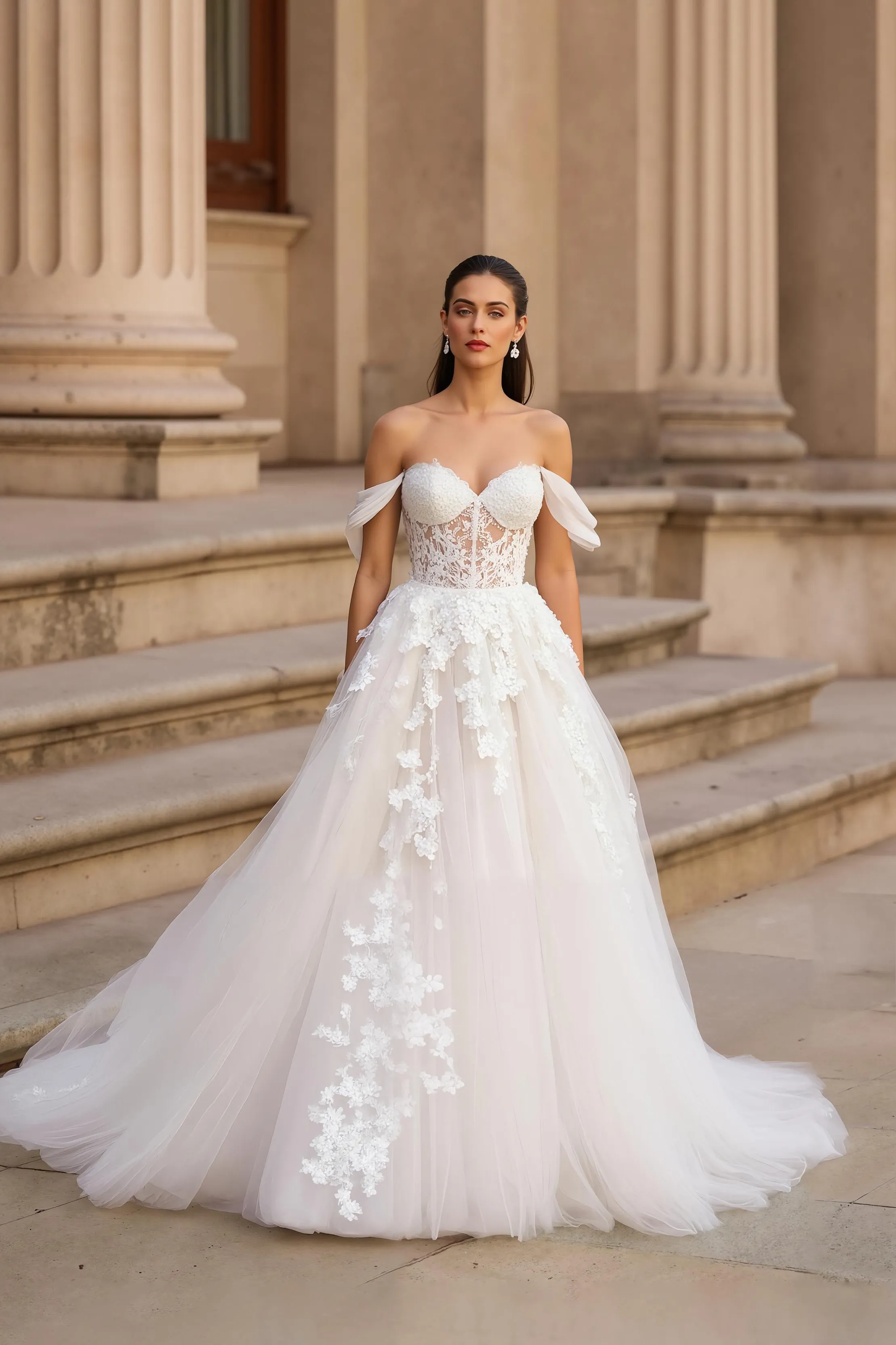 Lace Off the Shoulder Corset Appliques A Line Wedding Dress sold by Zapaka