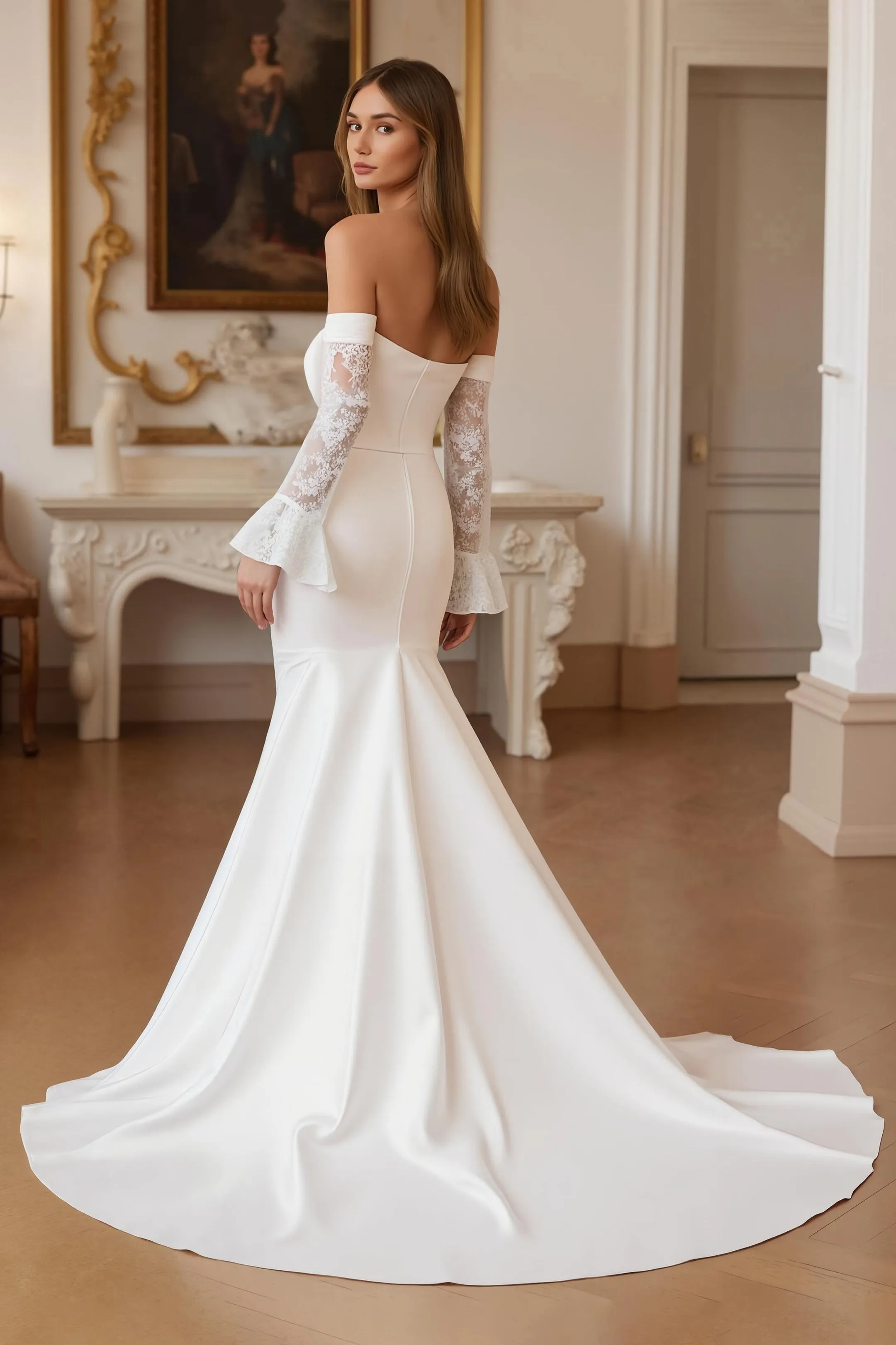 Stretch Satin Ivory Mermaid Off The Shoulder Wedding Dress sold by Zapaka product image thumbnail 2