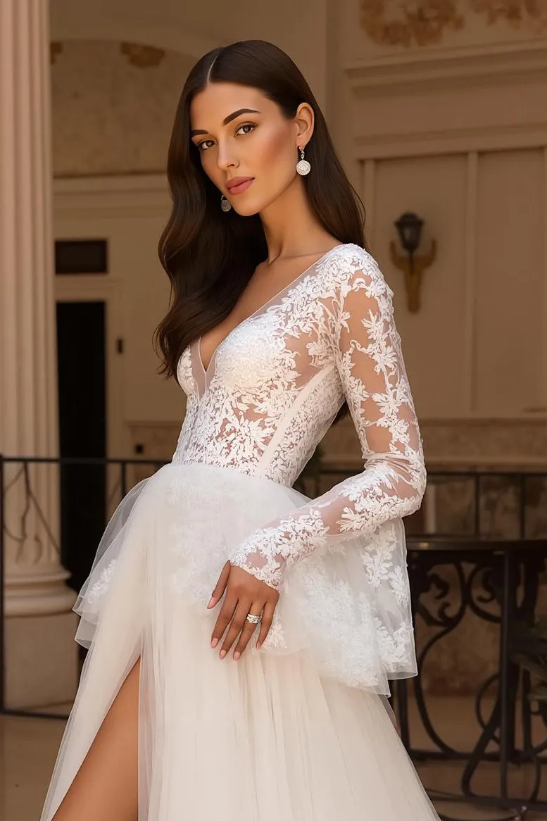 Ivory Tulle A Line V Neck Lace Wedding Dress With Flare Sleeves sold by Zapaka product image thumbnail 4