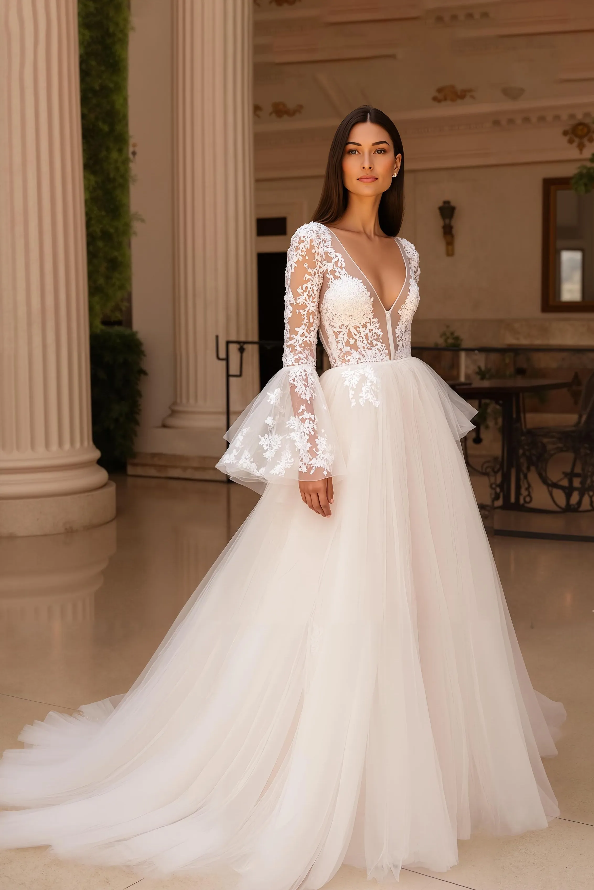 Ivory Tulle A Line V Neck Lace Wedding Dress With Flare Sleeves sold by Zapaka