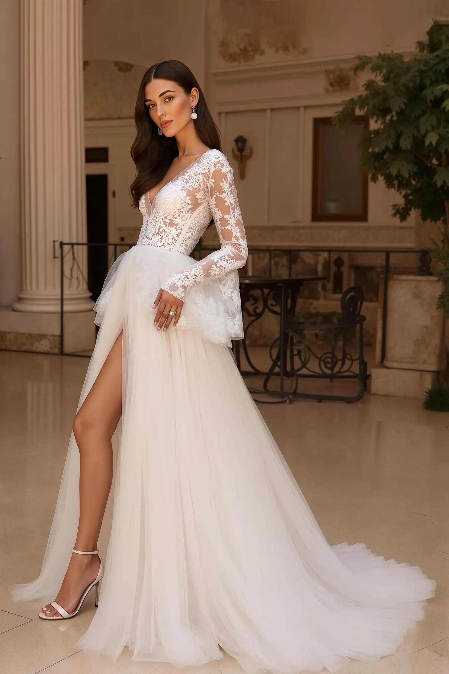 Ivory Tulle A Line V Neck Lace Wedding Dress With Flare Sleeves sold by Zapaka product image thumbnail 2