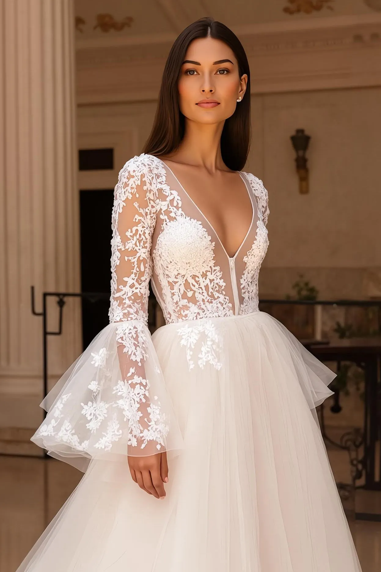 Ivory Tulle A Line V Neck Lace Wedding Dress With Flare Sleeves sold by Zapaka product image thumbnail 3