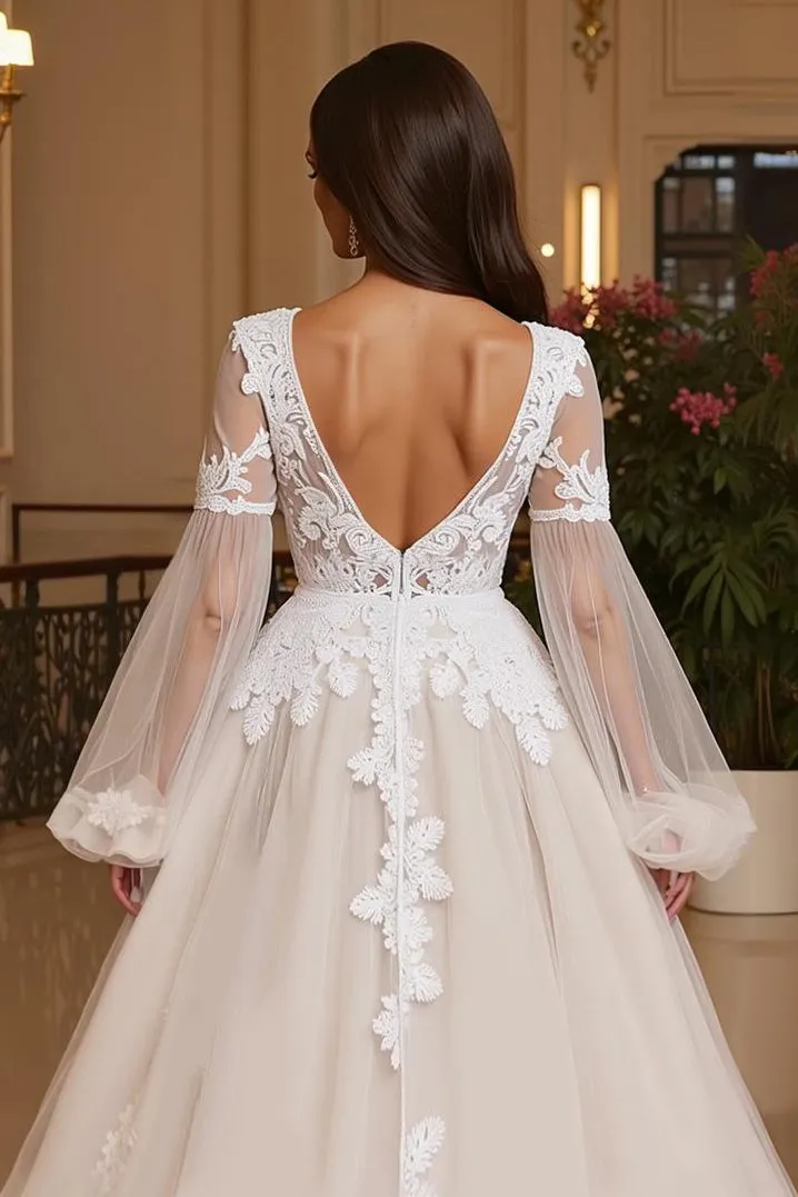 Lace Appliqued V Neck Tulle A Line Wedding Dress sold by Zapaka product image thumbnail 4