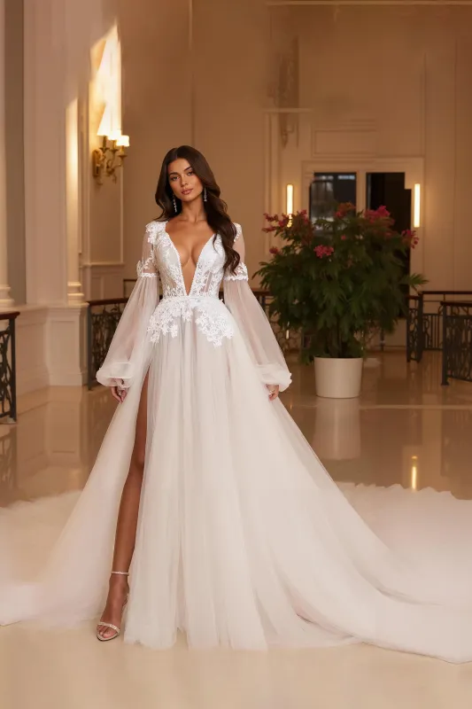 Lace Appliqued V Neck Tulle A Line Wedding Dress sold by Zapaka