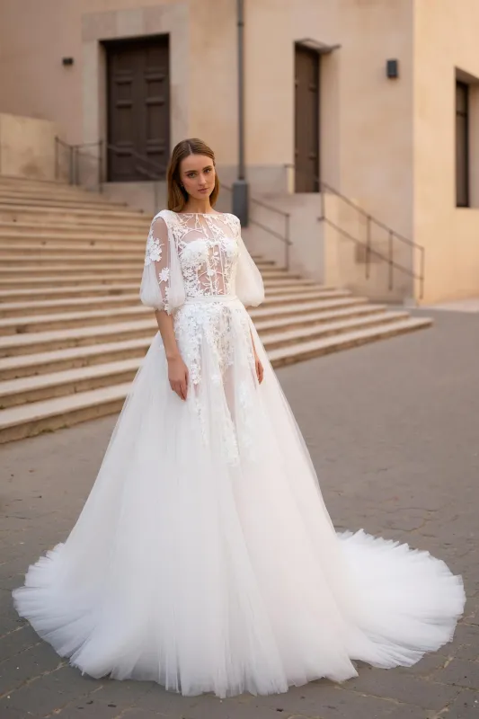 Ivory Appliqued A Line Sweep Train Floral Wedding Dress With Sleeves sold by Zapaka