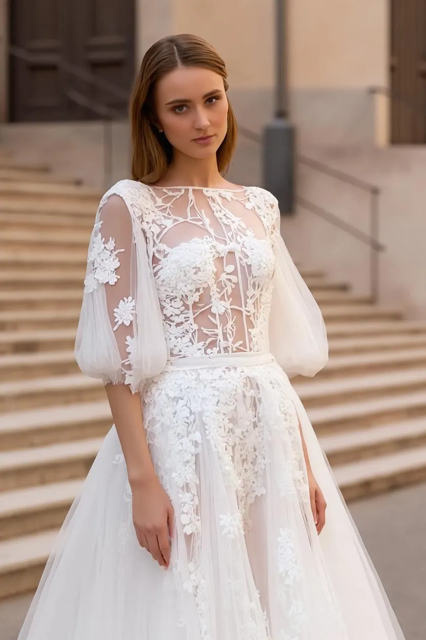 Ivory Appliqued A Line Sweep Train Floral Wedding Dress With Sleeves sold by Zapaka product image thumbnail 2