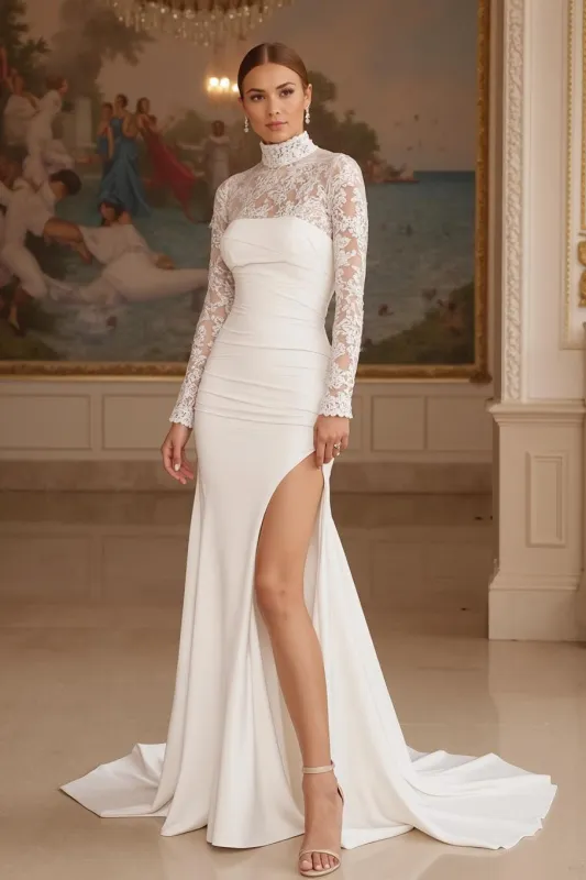 Ivory High Neck Long Sleeves Sweep Train Wedding Dress With Slit sold by Zapaka
