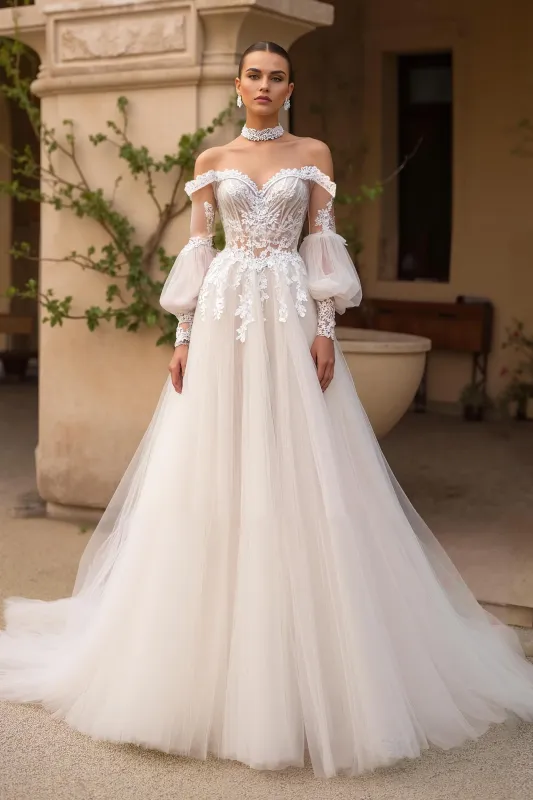 Ivory Off The Shoulder Sweep Train Tulle Wedding Dress With Sleeves sold by Zapaka