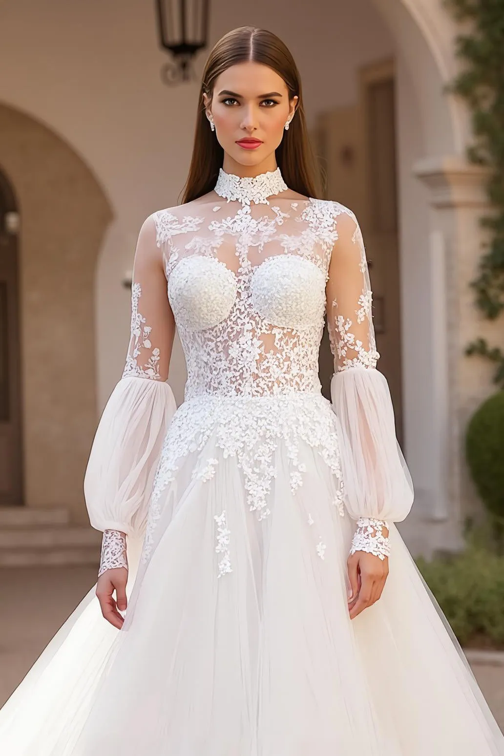 Ivory A Line Tulle High Neck Sweep Train Wedding Dress With Lace sold by Zapaka product image thumbnail 2
