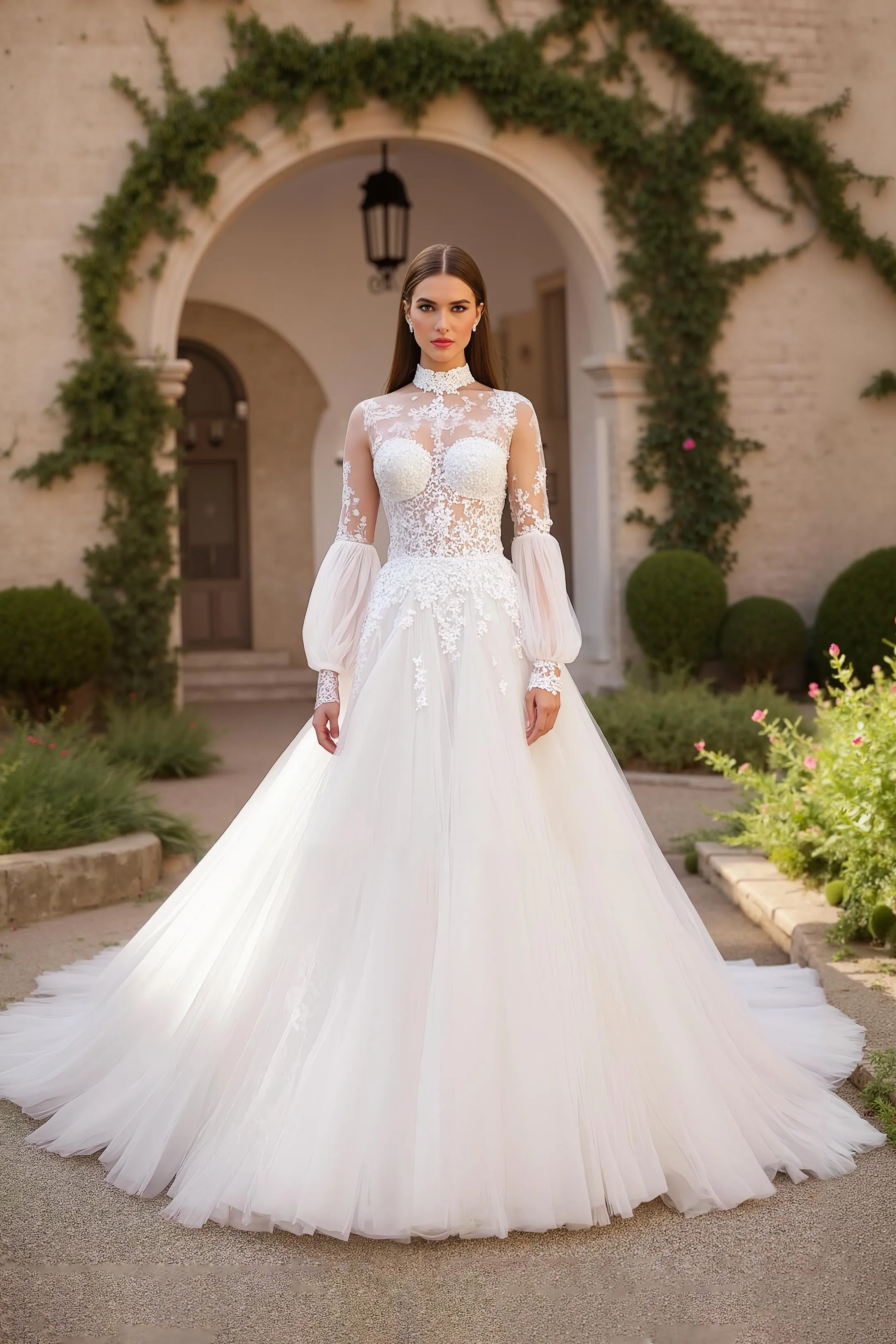 Ivory A Line Tulle High Neck Sweep Train Wedding Dress With Lace sold by Zapaka