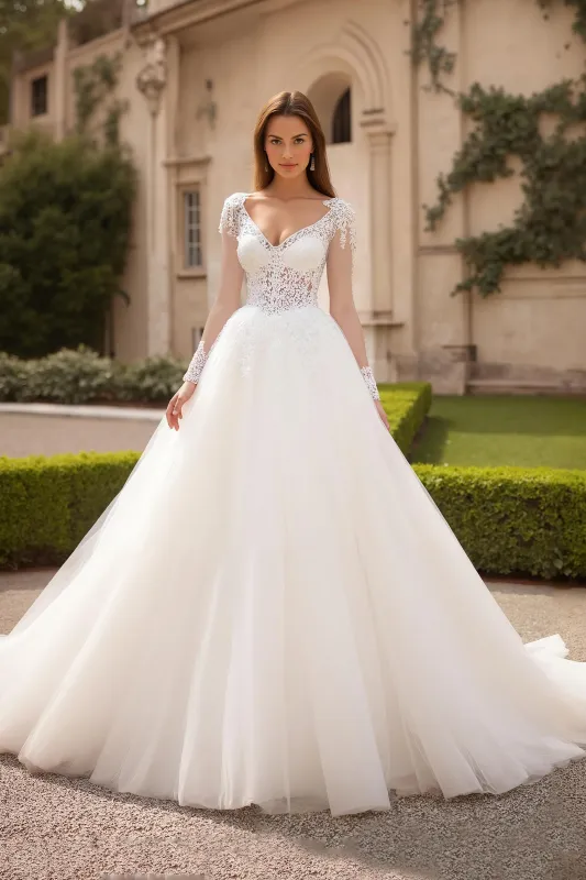 Ivory Tulle V-Neck Sweep Train Wedding Dress With Lace sold by Zapaka