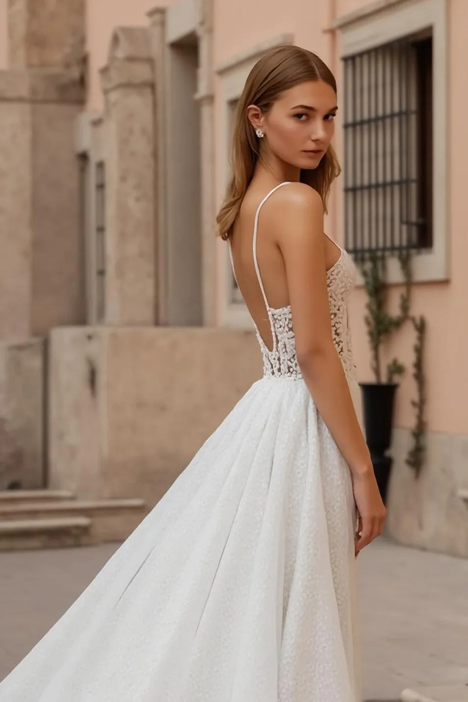 Ivory Backless A Line Sweep Train Wedding Dress With Lace sold by Zapaka product image thumbnail 4