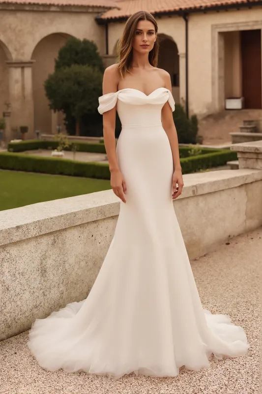 Simple Ivory Off The Shoulder Mermaid Sweep Train Wedding Dress sold by Zapaka