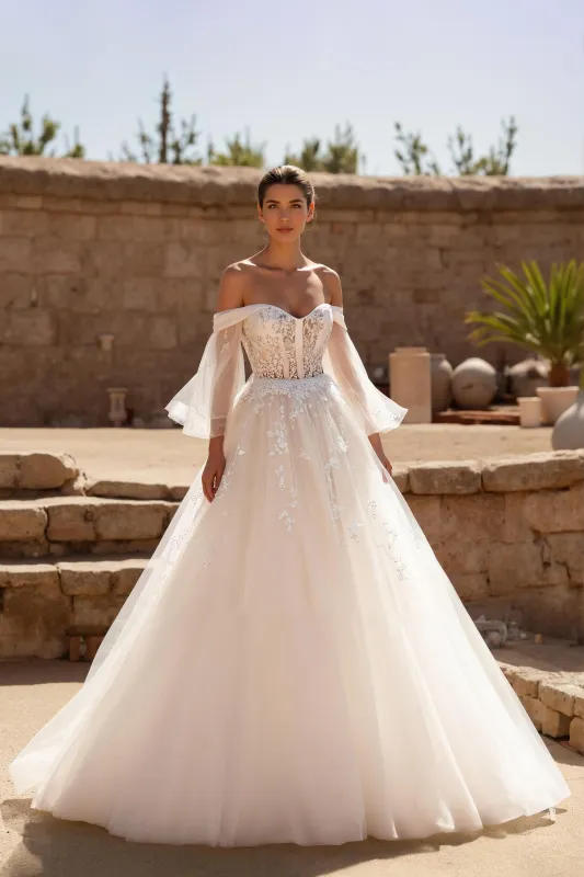 Ivory Tulle Ball Gown Sweep Train Wedding Dress With Lace sold by Zapaka