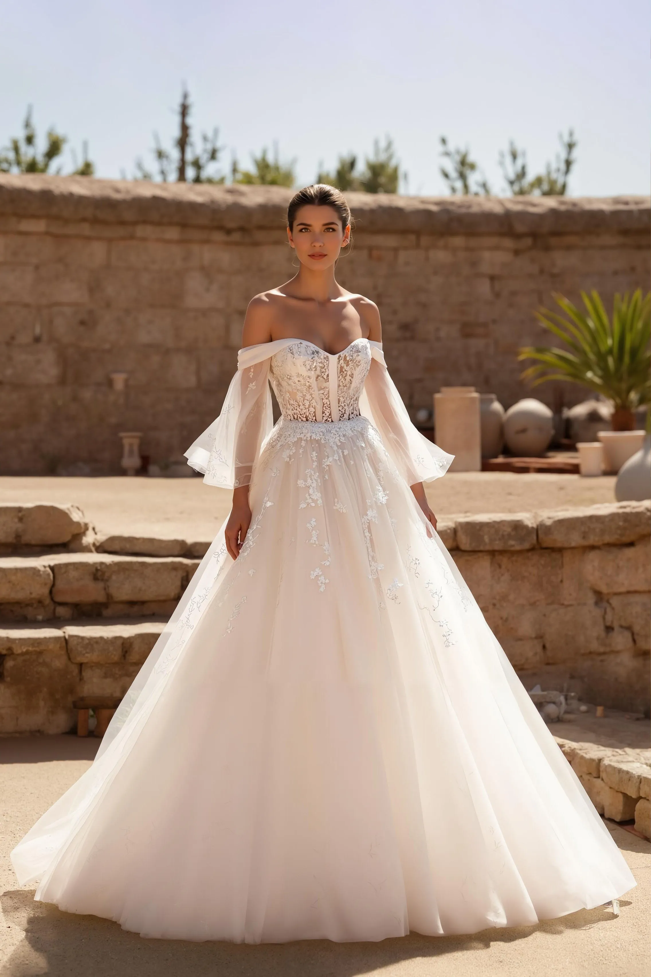 Ivory Tulle Ball Gown Sweep Train Wedding Dress With Lace sold by Zapaka