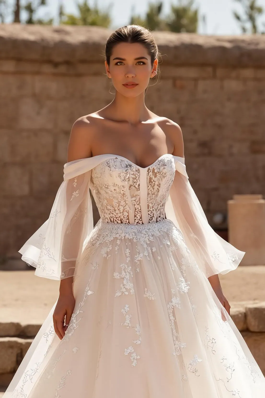 Ivory Tulle Ball Gown Sweep Train Wedding Dress With Lace sold by Zapaka product image thumbnail 2