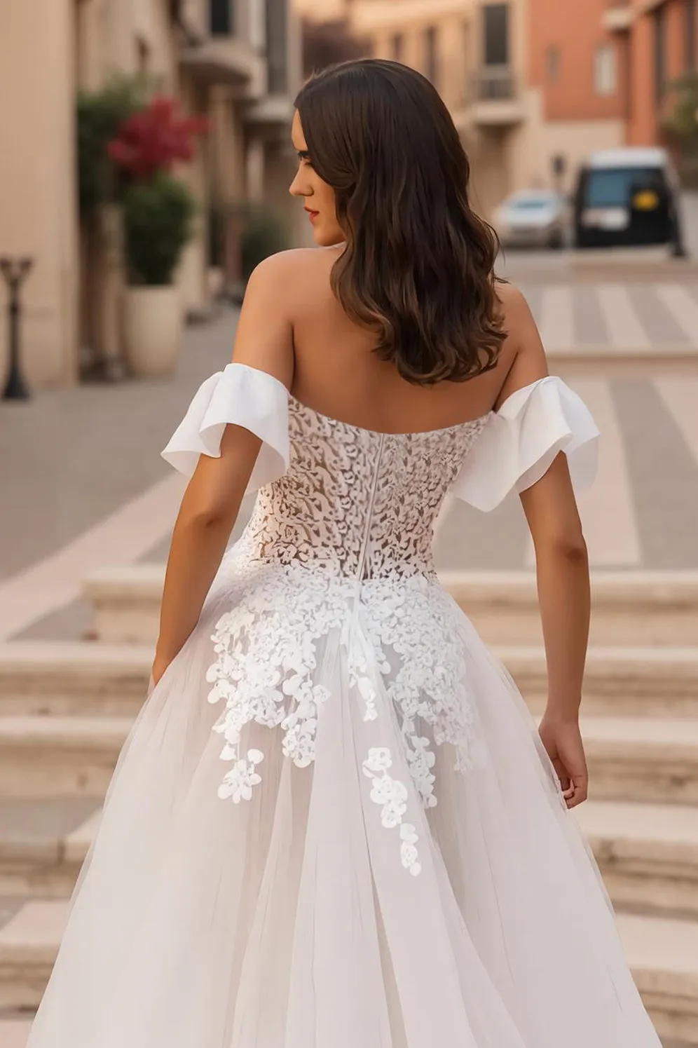 Off The Shoulder Ivory Tulle A Line Appliqued Long Wedding Dress sold by Zapaka product image thumbnail 4