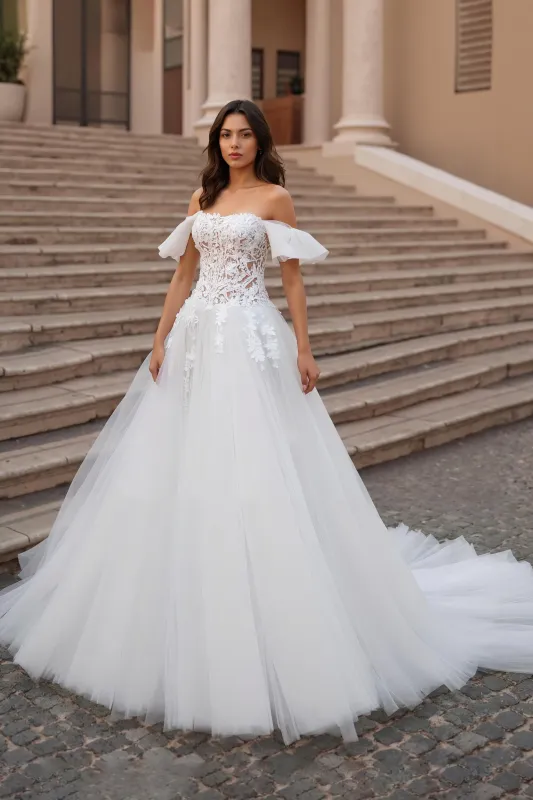 Off The Shoulder Ivory Tulle A Line Appliqued Long Wedding Dress sold by Zapaka