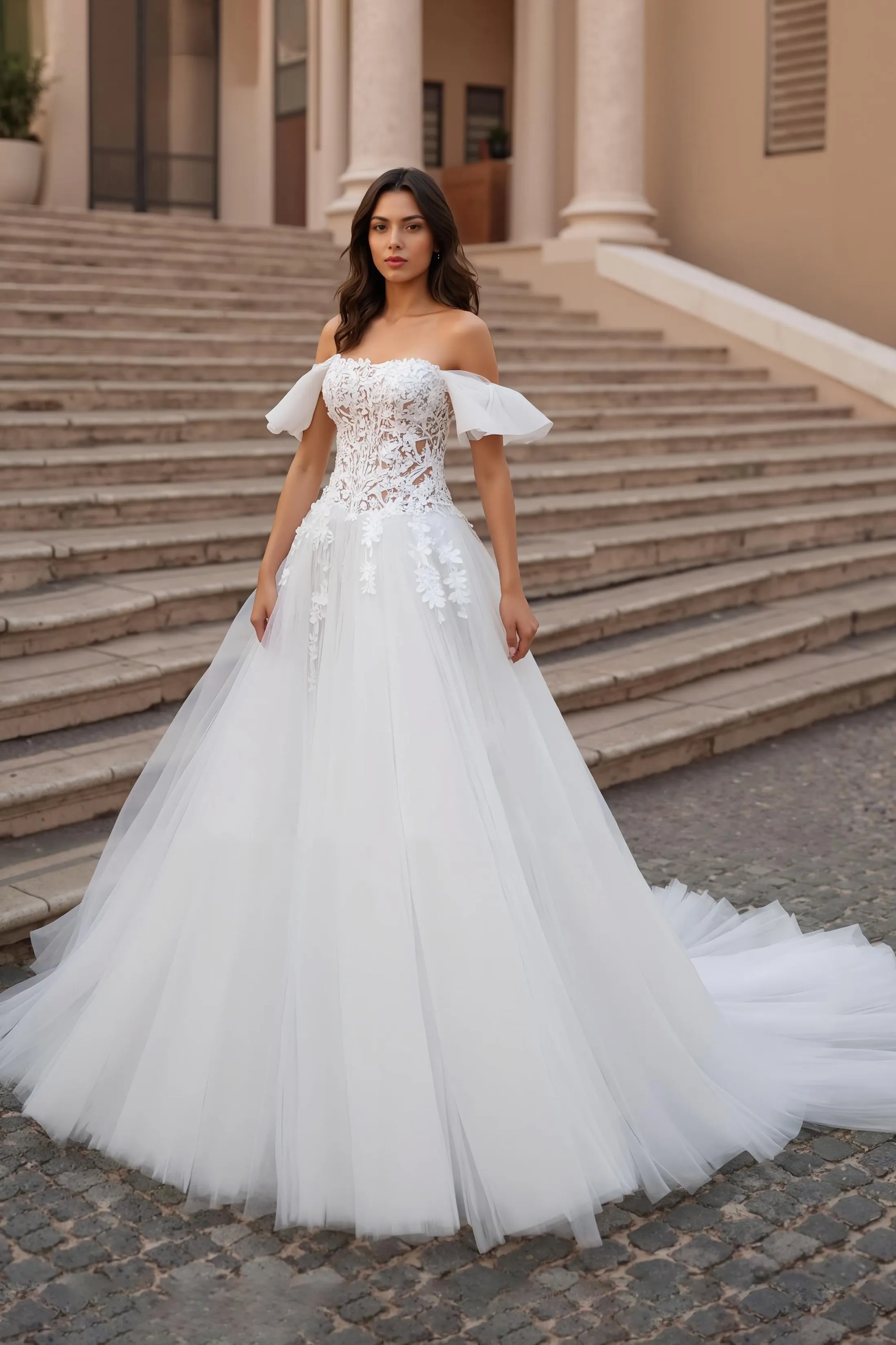 Off The Shoulder Ivory Tulle A Line Appliqued Long Wedding Dress sold by Zapaka