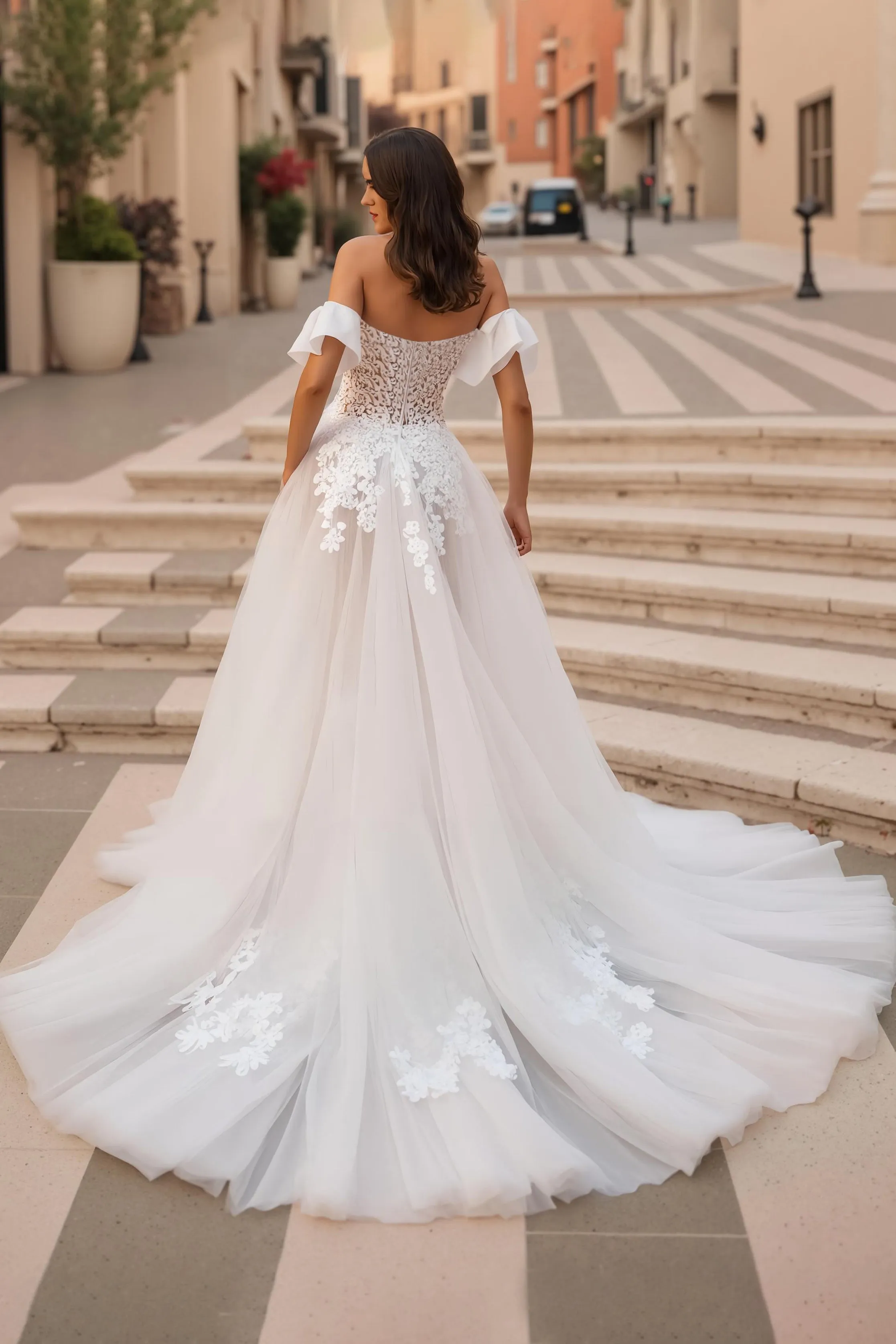 Off The Shoulder Ivory Tulle A Line Appliqued Long Wedding Dress sold by Zapaka product image thumbnail 2