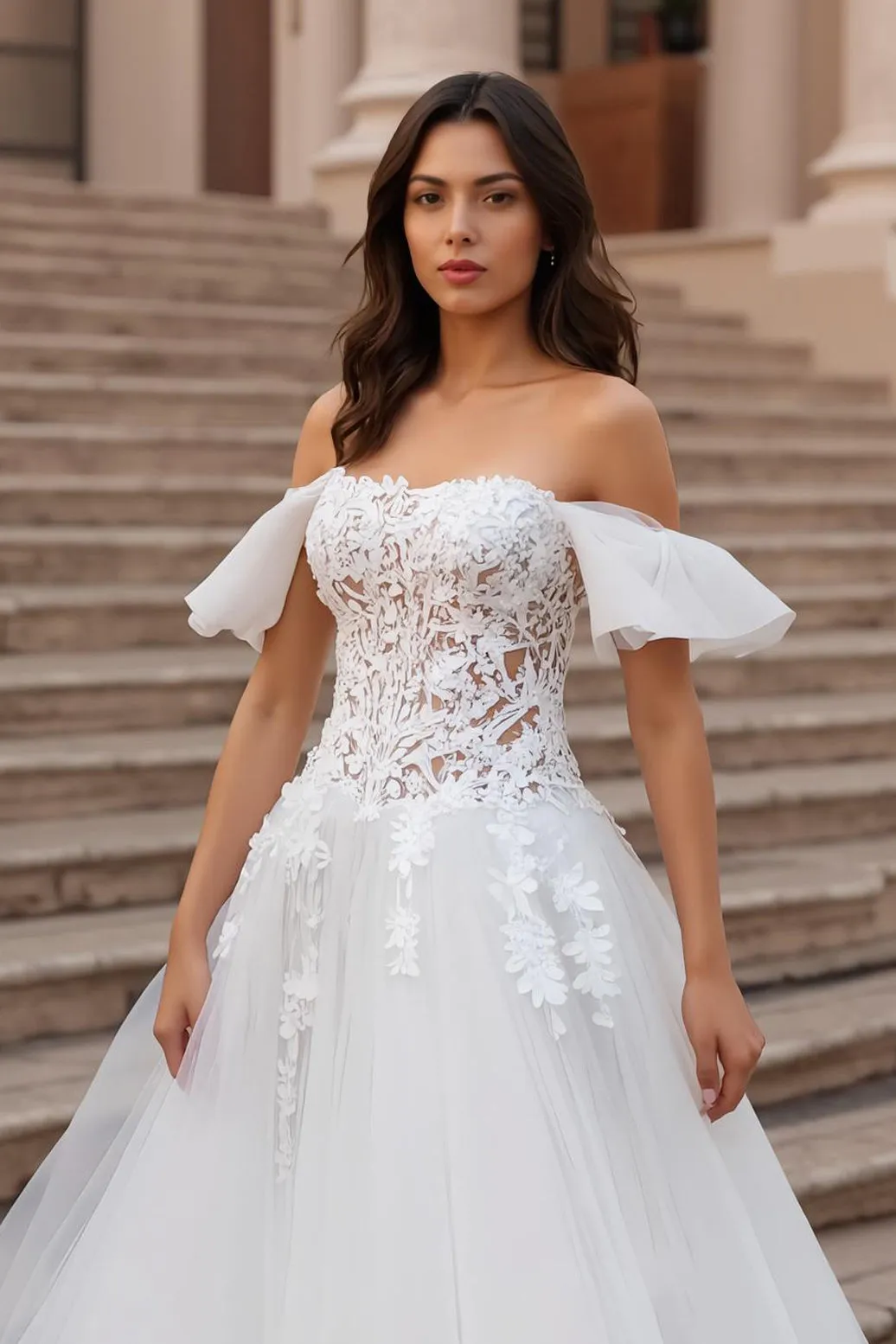 Off The Shoulder Ivory Tulle A Line Appliqued Long Wedding Dress sold by Zapaka product image thumbnail 3