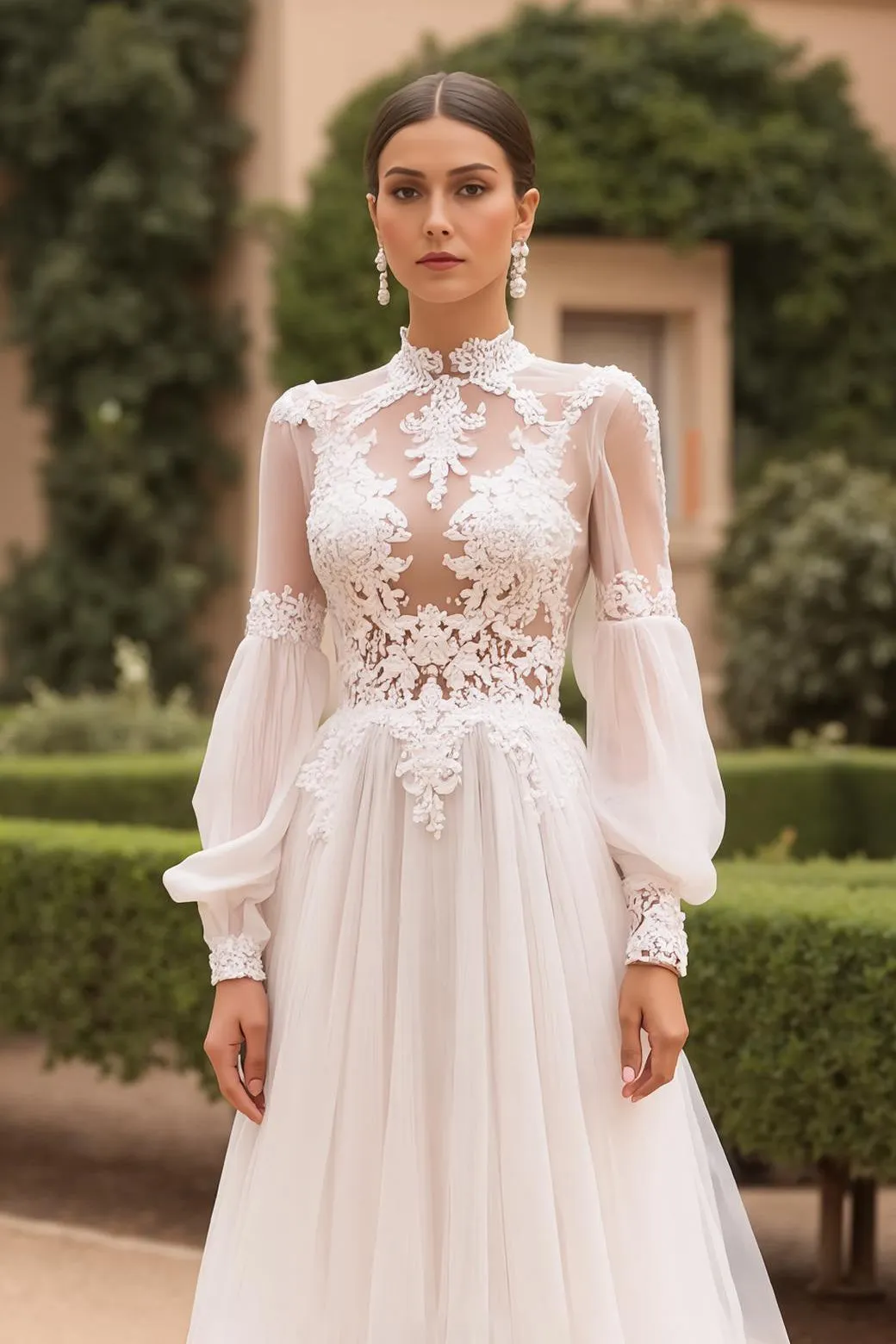 High Neck A Line Tulle Ivory Lace Wedding Dress With Puff Sleeves sold by Zapaka product image thumbnail 3