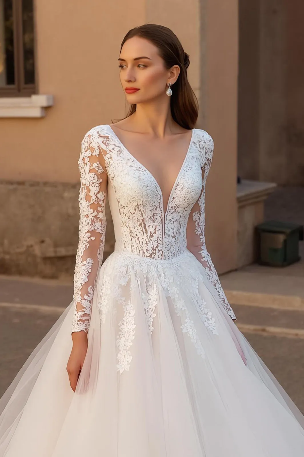 V Neck Lace Ivory Tulle A Line Long Wedding Dress With Long Sleeves sold by Zapaka product image thumbnail 3