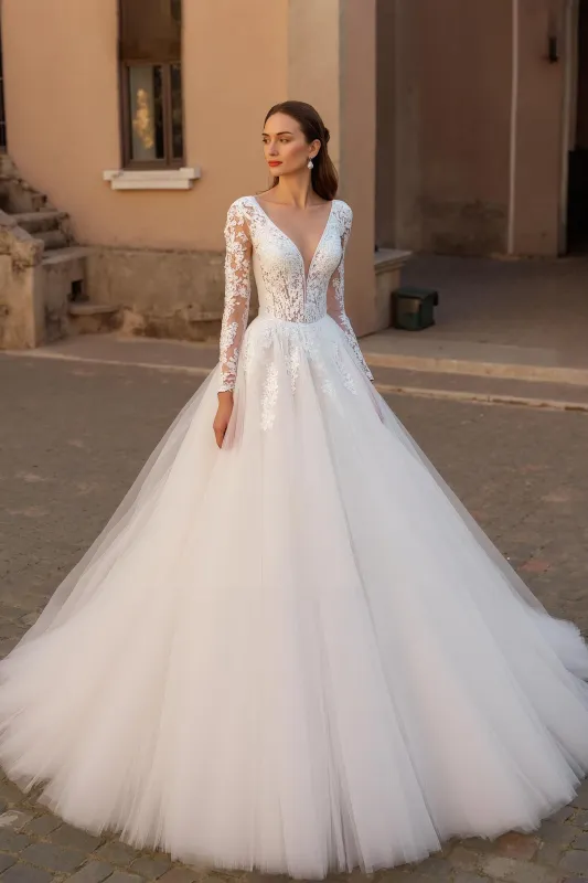 V Neck Lace Ivory Tulle A Line Long Wedding Dress With Long Sleeves sold by Zapaka