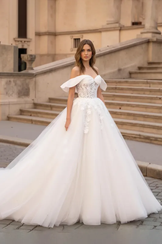 Ivory A Line Corset Tulle Off The Shoulder Wedding Dress sold by Zapaka