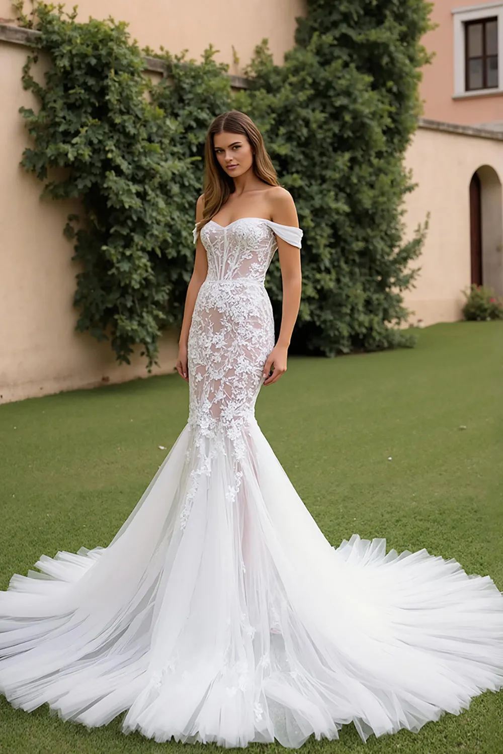 Ivory Lace Tulle Off The Shoulder Corset Mermaid Wedding Dress sold by Zapaka