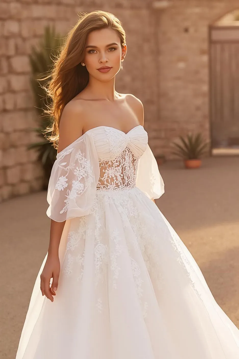 Flutter Sleeve Ivory Tulle Off The Shoulder Corset Long Wedding Dress sold by Zapaka product image thumbnail 3