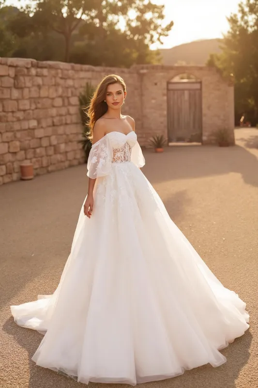 Flutter Sleeve Ivory Tulle Off The Shoulder Corset Long Wedding Dress sold by Zapaka