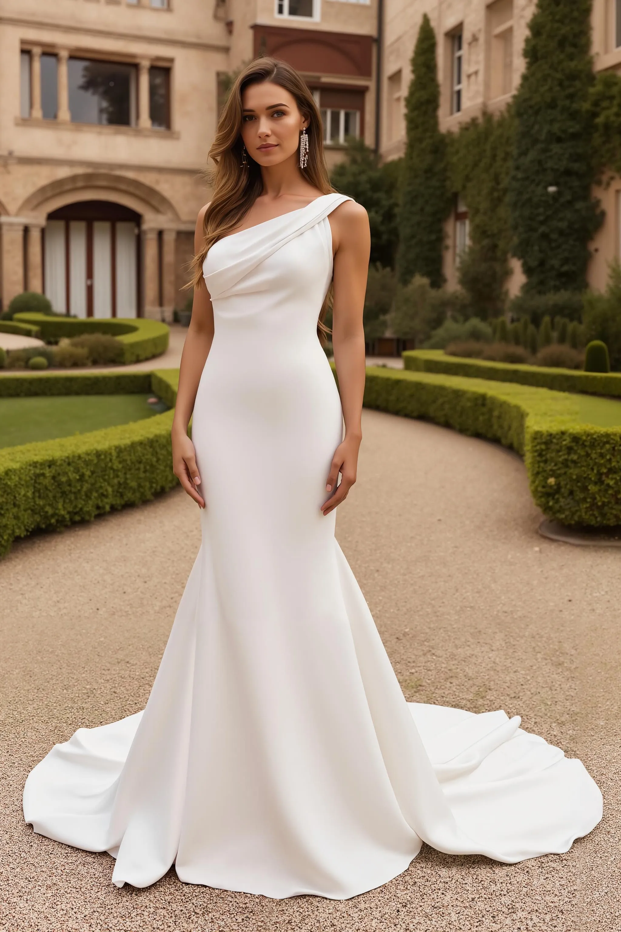 One Shoulder Mermaid Stretch Satin Long Ivory Wedding Dress sold by Zapaka