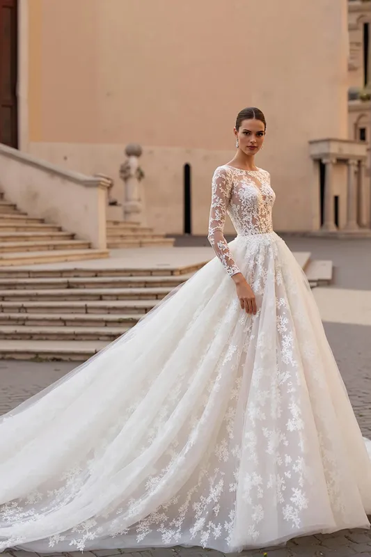 Lace Bateau Neck A Line Ivory Wedding Dress With Long Sleeves sold by Zapaka