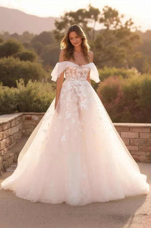 Ivory A Line Off The Shoulder Flutter Sleeve Court Train Wedding Dress With Lace sold by Zapaka