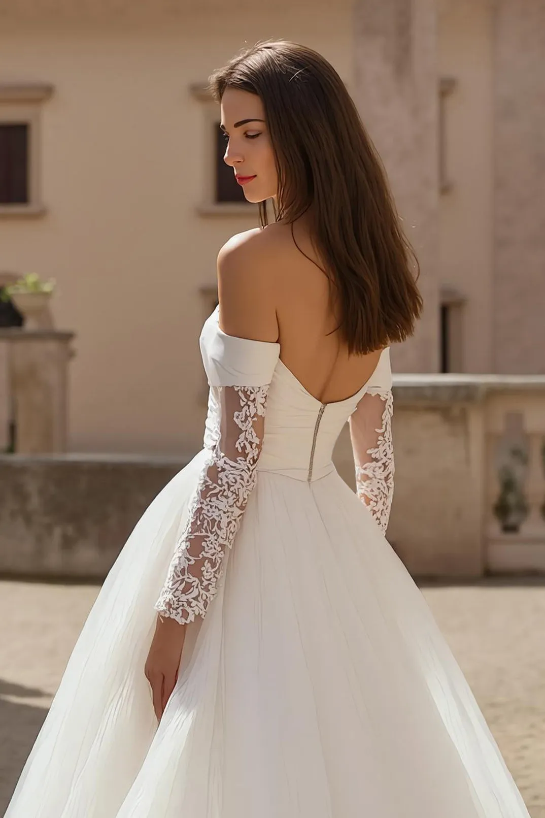 Ivory A Line Off The Shoulder Tulle Court Train Wedding Dress With Lace sold by Zapaka product image thumbnail 3
