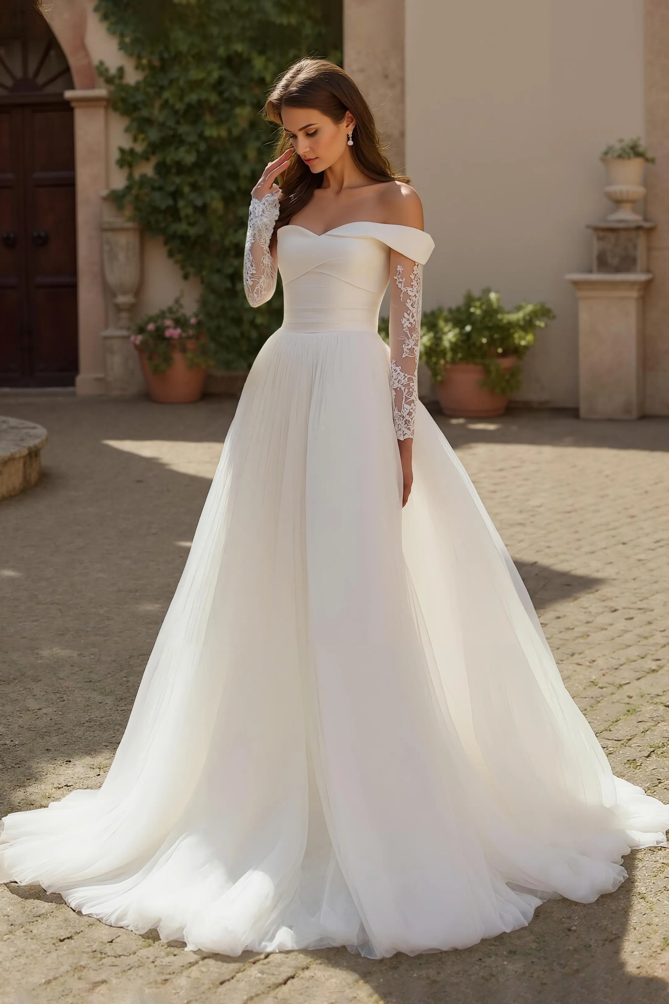 Ivory A Line Off The Shoulder Tulle Court Train Wedding Dress With Lace sold by Zapaka