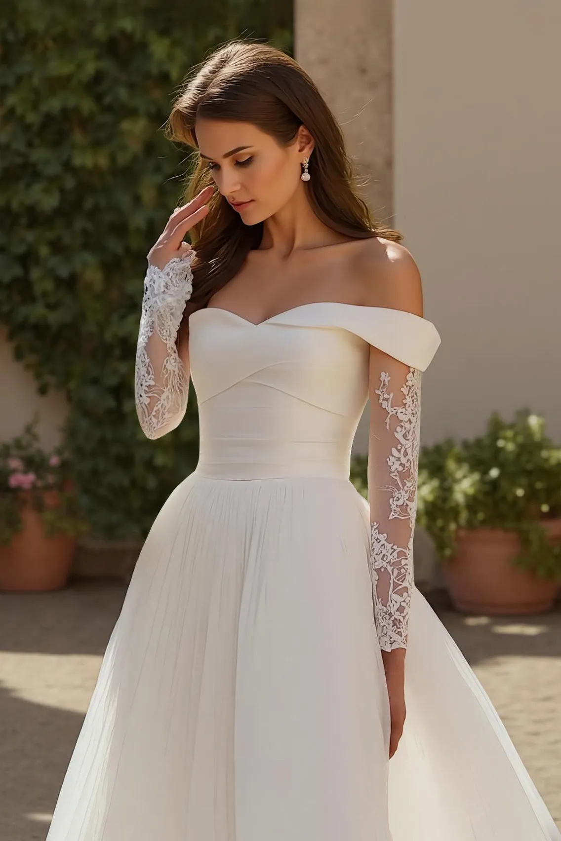 Ivory A Line Off The Shoulder Tulle Court Train Wedding Dress With Lace sold by Zapaka product image thumbnail 4