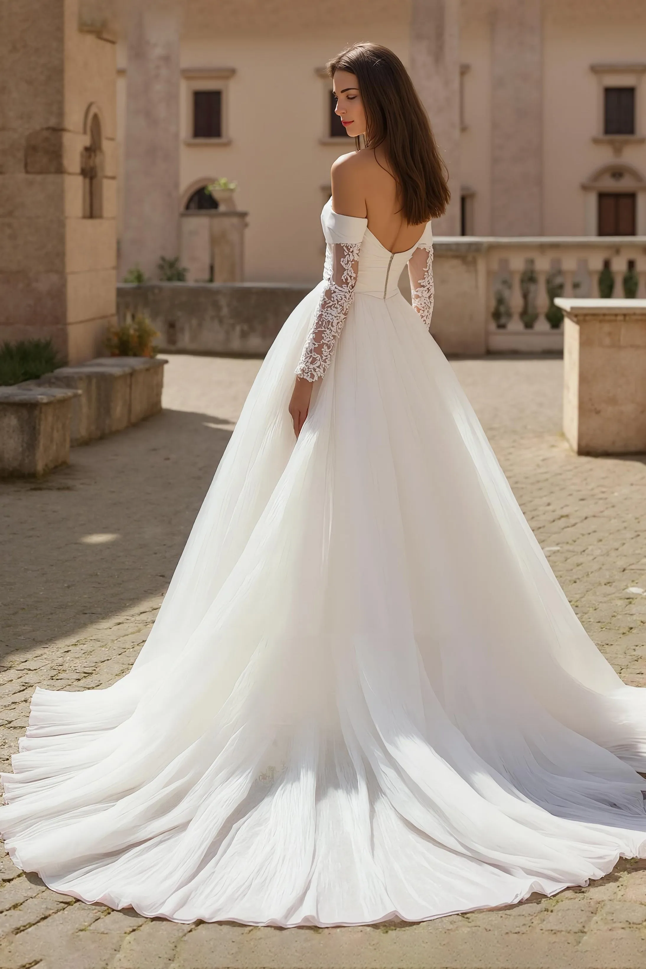 Ivory A Line Off The Shoulder Tulle Court Train Wedding Dress With Lace sold by Zapaka product image thumbnail 2