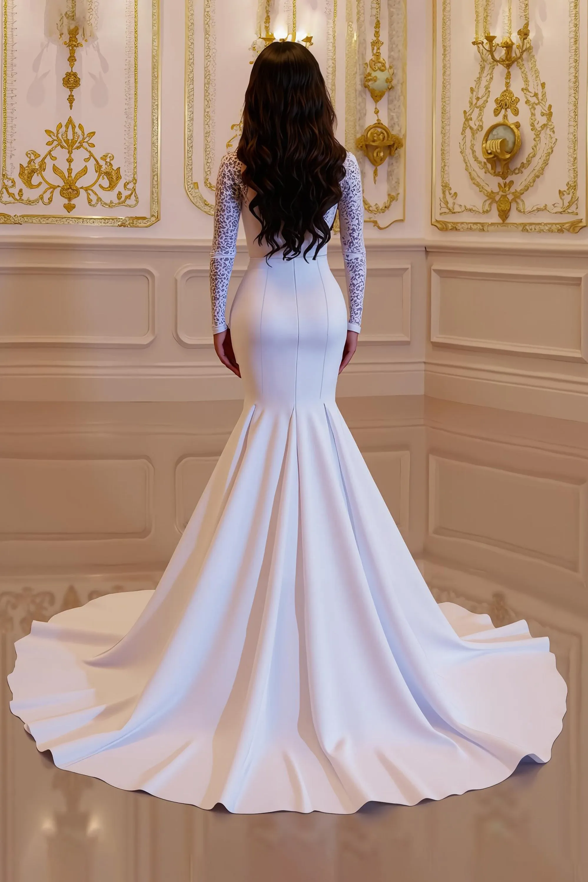White Satin Mermaid High Neck Ruched Court Train Wedding Dress With Lace sold by Zapaka product image thumbnail 2