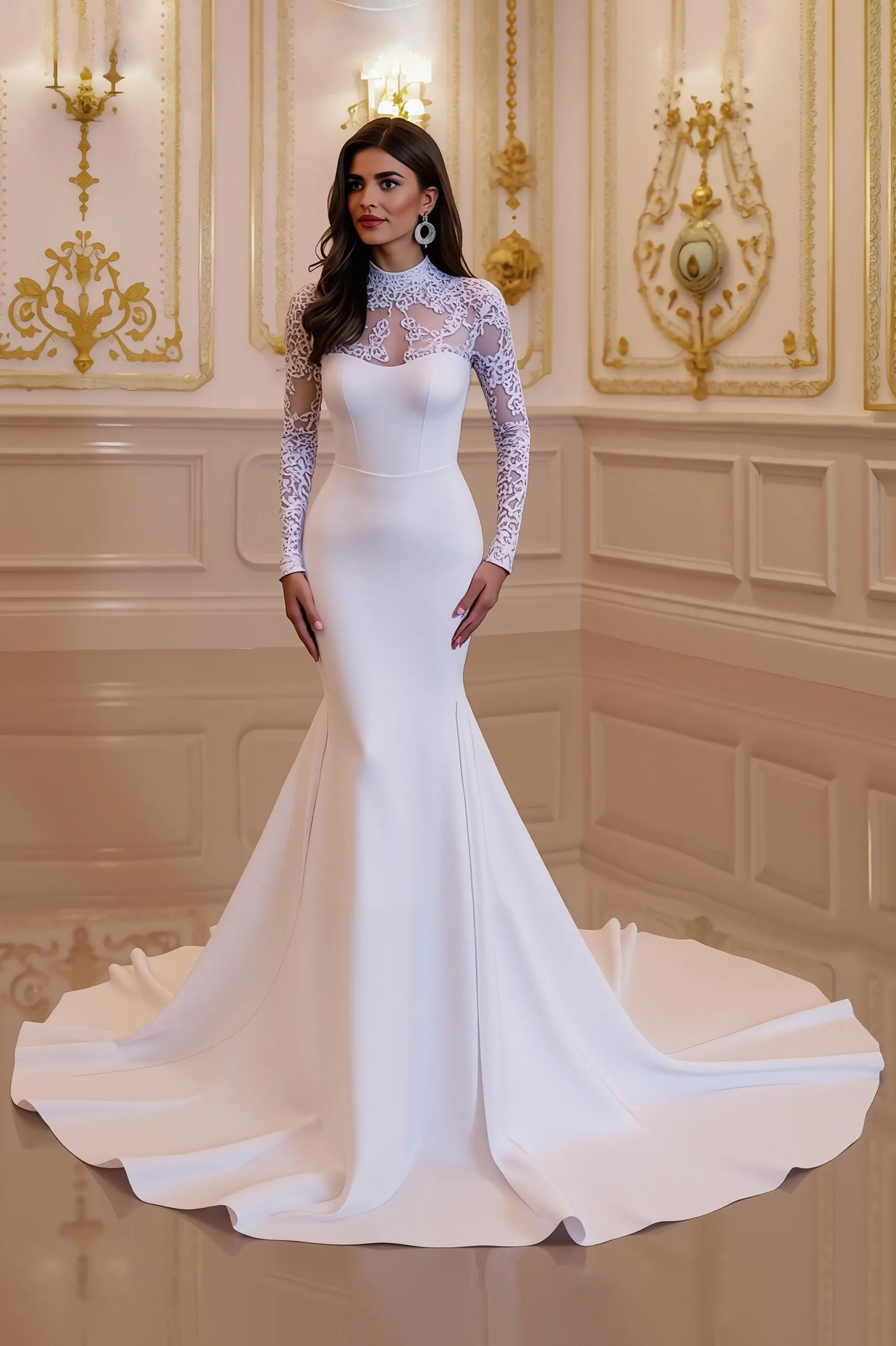White Satin Mermaid High Neck Ruched Court Train Wedding Dress With Lace sold by Zapaka