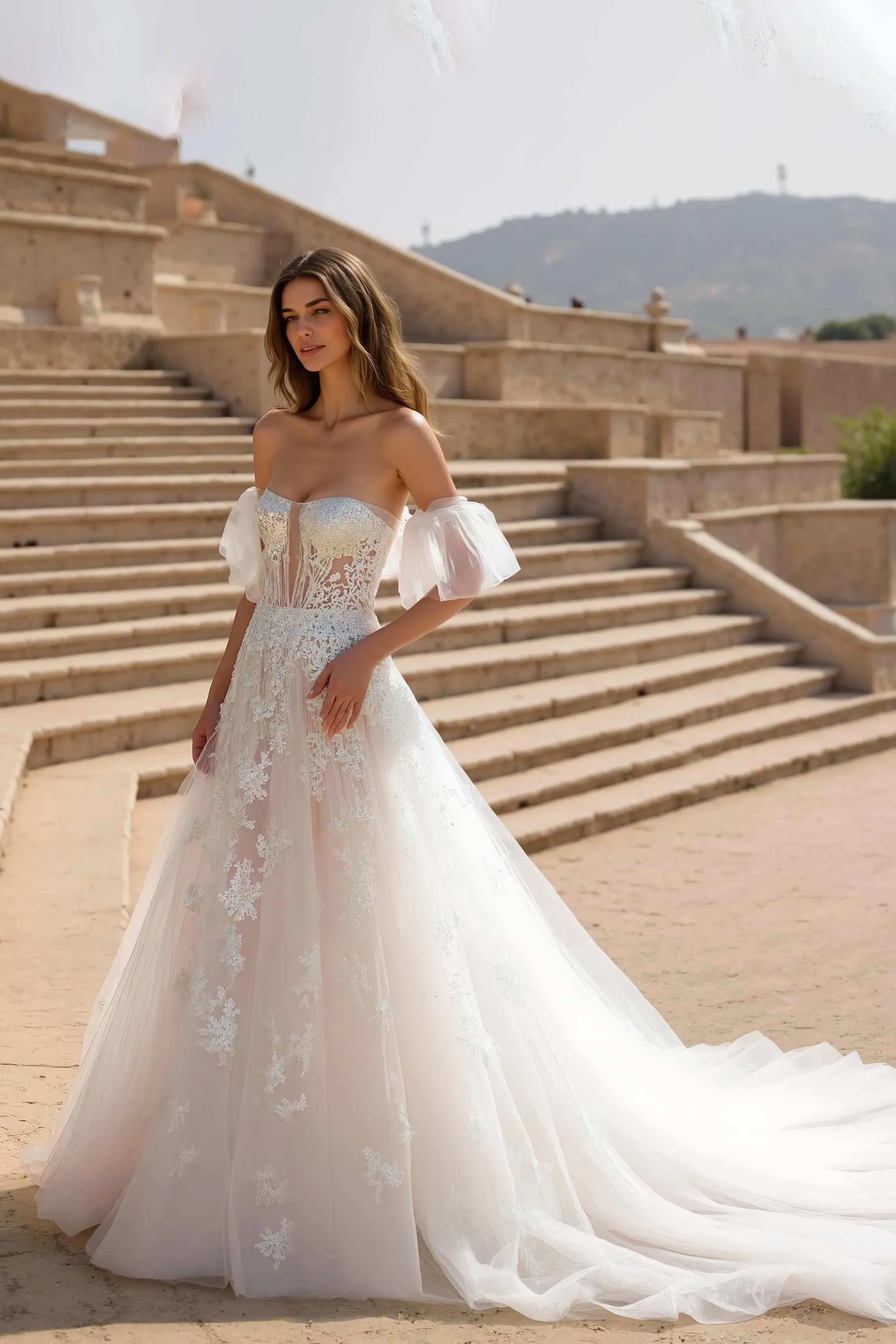 Off The Shoulder Ivory Appliqued Sweep Train Wedding Dress sold by Zapaka