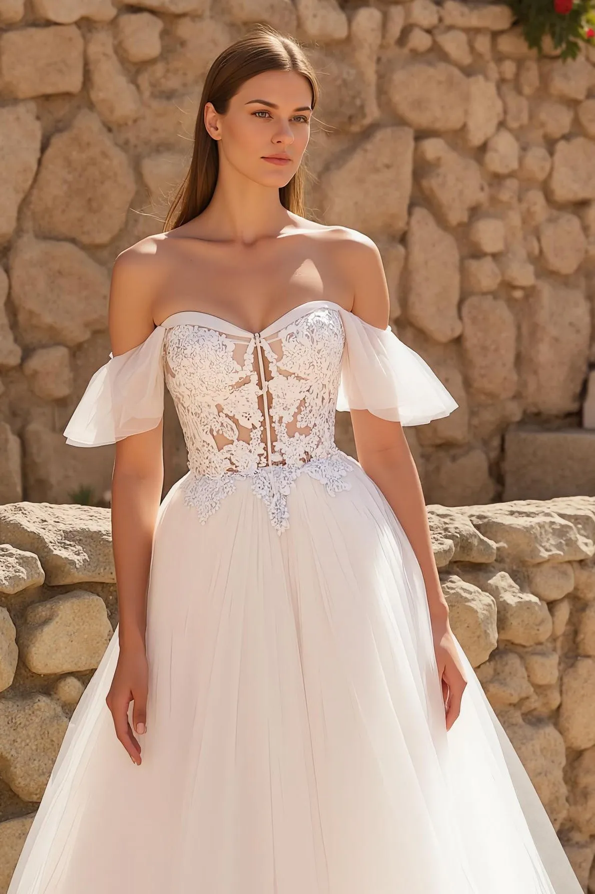 Off The Shoulder Ivory A Line Sweep Train Wedding Dress With Appliques sold by Zapaka product image thumbnail 2