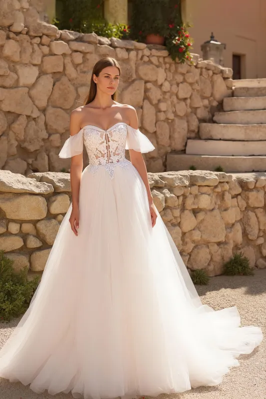 Off The Shoulder Ivory A Line Sweep Train Wedding Dress With Appliques sold by Zapaka