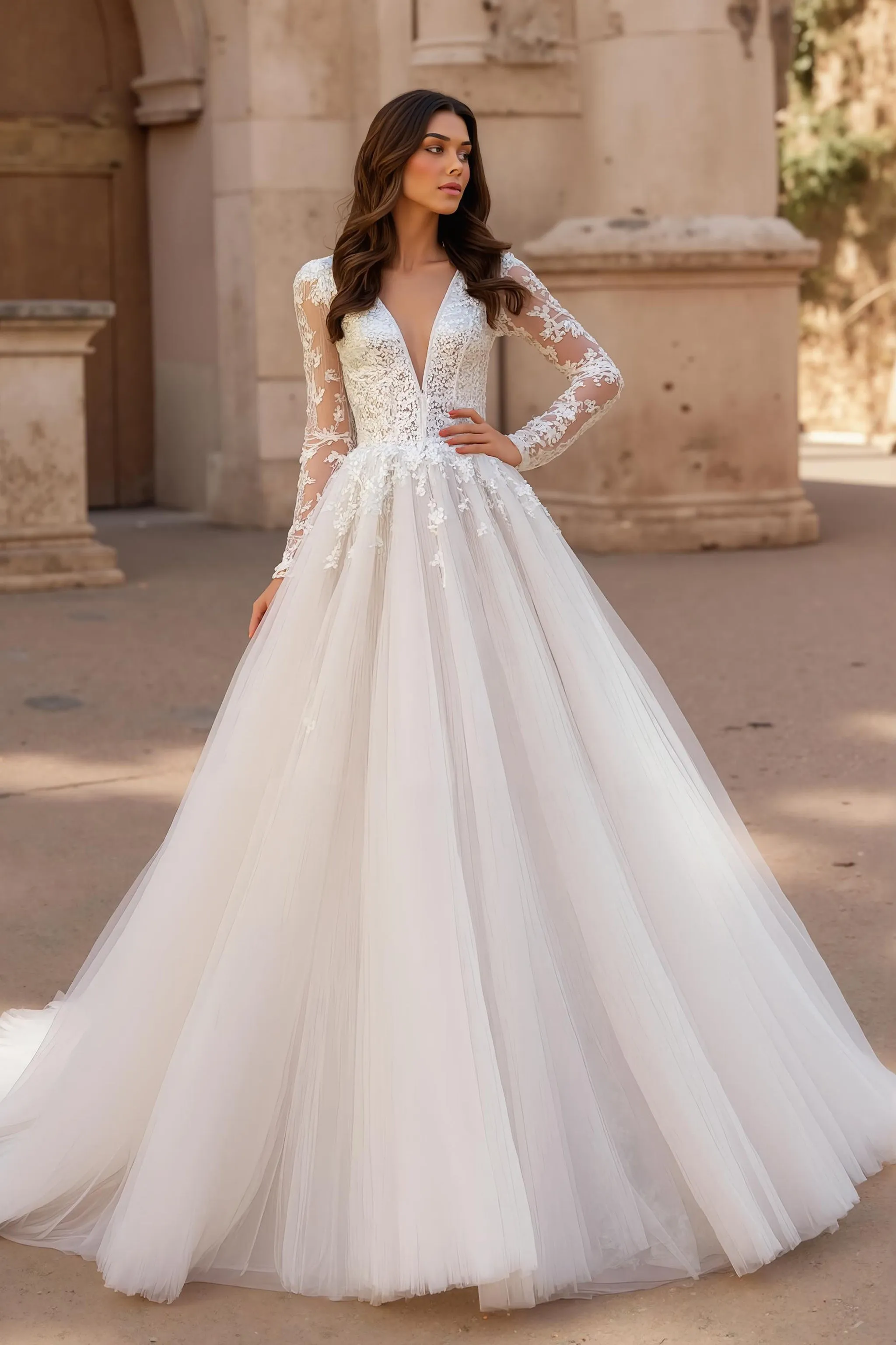 Ivory A-Line V-Neck Long Sleeves Court Train Wedding Dress With Lace sold by Zapaka