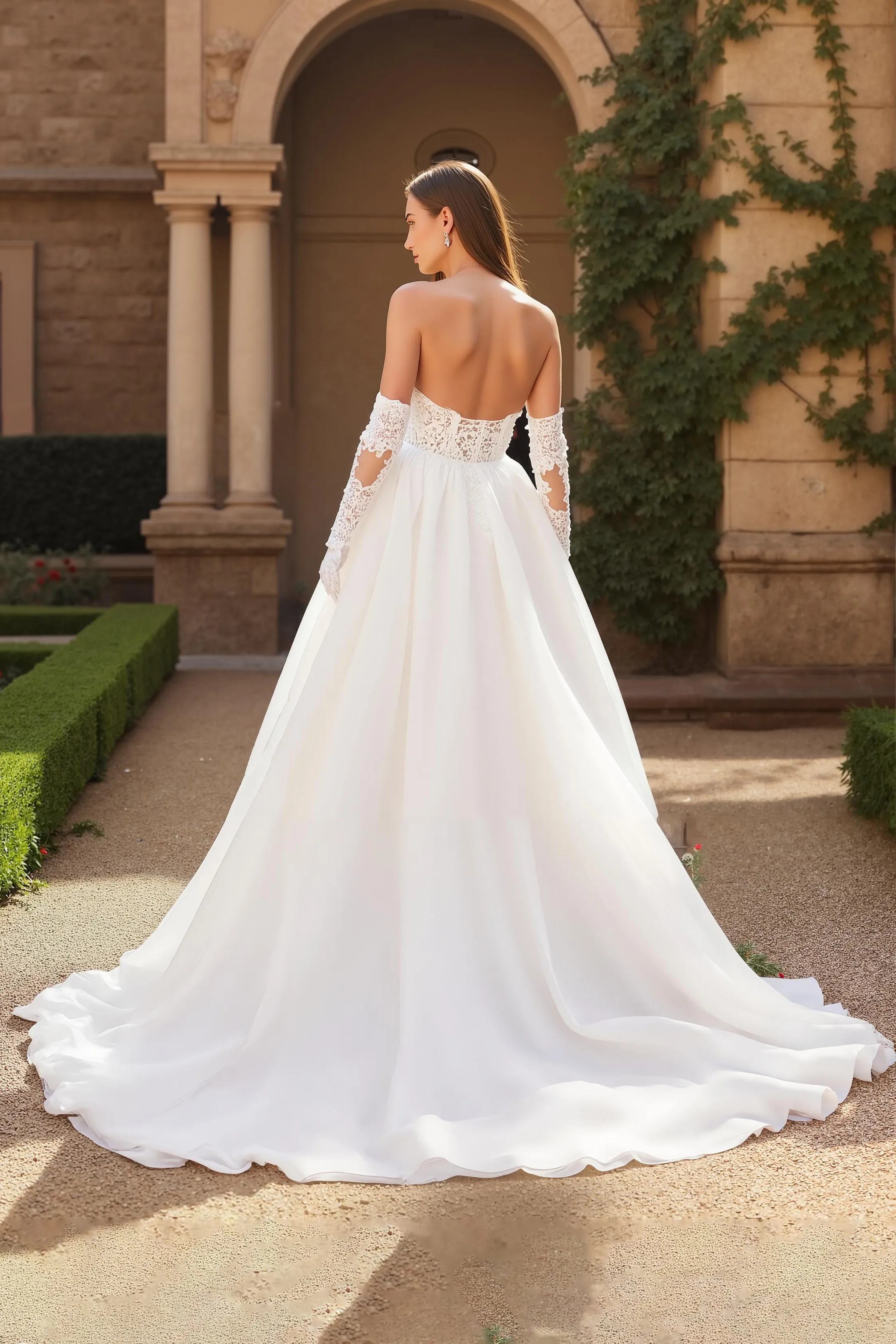 A Line Ivory Strapless Corset Sweetheart Tulle Court Train Wedding Dress With Lace sold by Zapaka product image thumbnail 2