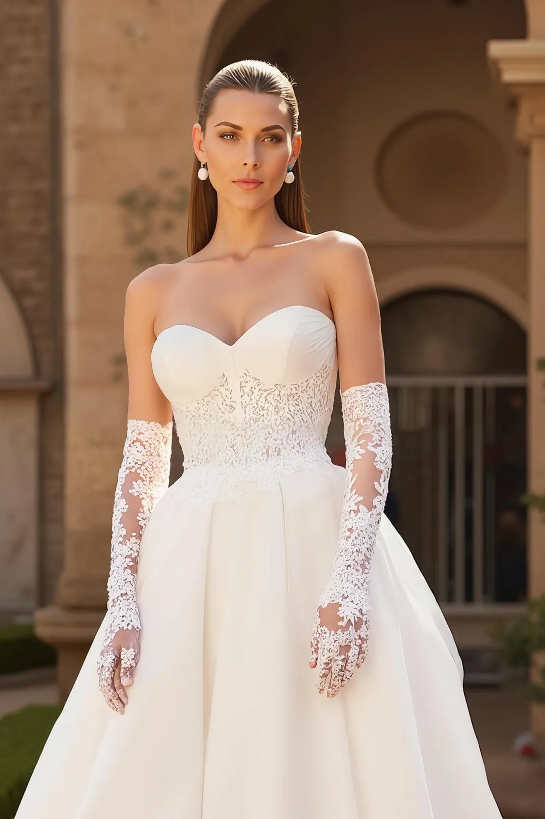 A Line Ivory Strapless Corset Sweetheart Tulle Court Train Wedding Dress With Lace sold by Zapaka product image thumbnail 3