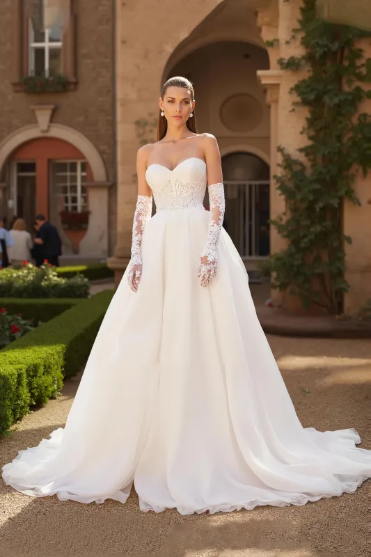 A Line Ivory Strapless Corset Sweetheart Tulle Court Train Wedding Dress With Lace sold by Zapaka