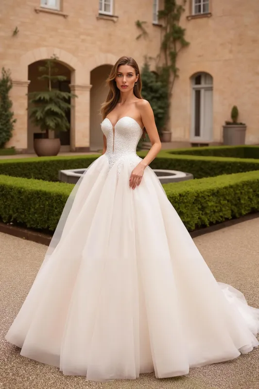 A-Line Ivory Strapless V-Neck Court Train Wedding Dress made by Zapaka