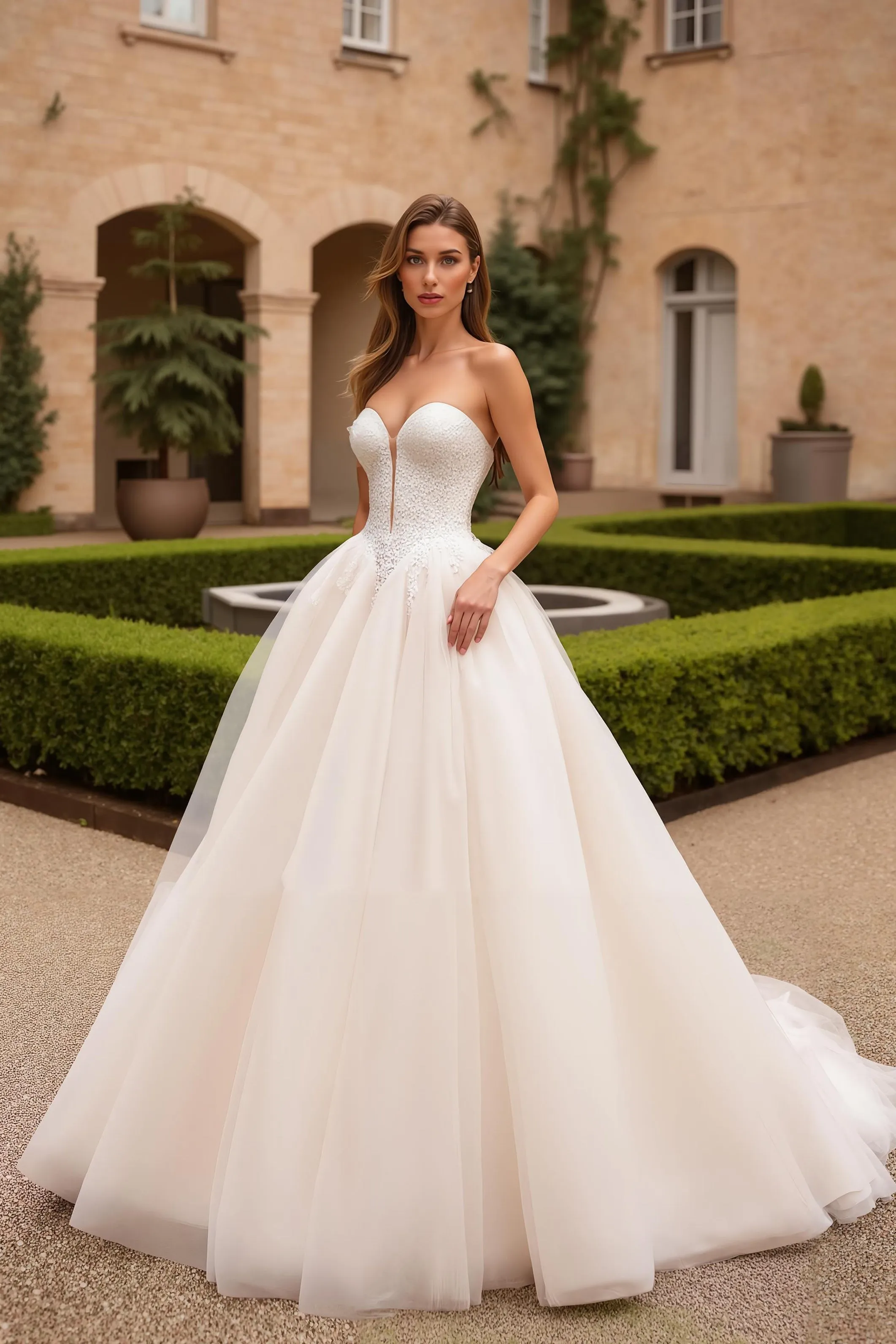 A-Line Ivory Strapless V-Neck Court Train Wedding Dress sold by Zapaka